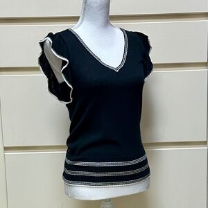 Splendid Black V-Neck Cashmere Sweater with White Trim - Small/XS